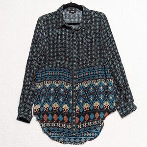 Tolani Silk Tunic Button Up Small Black Aqua Aztec Boho Blouse Prairie Roll Tab